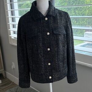 Chico's Classic Navy Jacket Foil Tweed Zippered Jacket, size 1 (8-10)
